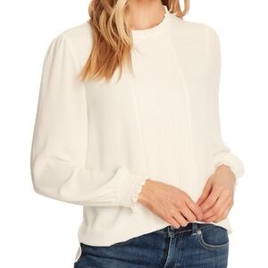 NEW CeCe Pin-Tuck Smocked Cuff Blouse Ruffle Neck Cream